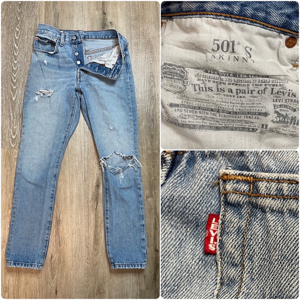 Levis Jeans Womens 26 Blue 501 Skinny Button Fly Medium Wash Ripped Denim 26x28